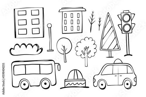 City Sketch Illustration: A charming collection of hand-drawn city elements, offering a playful and inviting glimpse into urban life, perfect for creative projects.