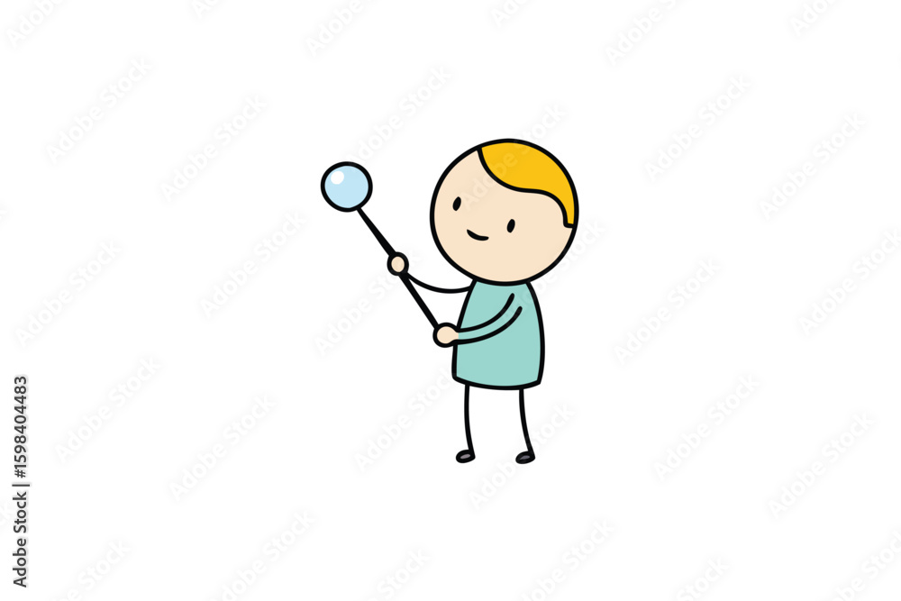 Cute cartoon child happily blowing iridescent soap bubbles with a wand Cute cartoon child happily blowing iridescent soap bubbles with a wand