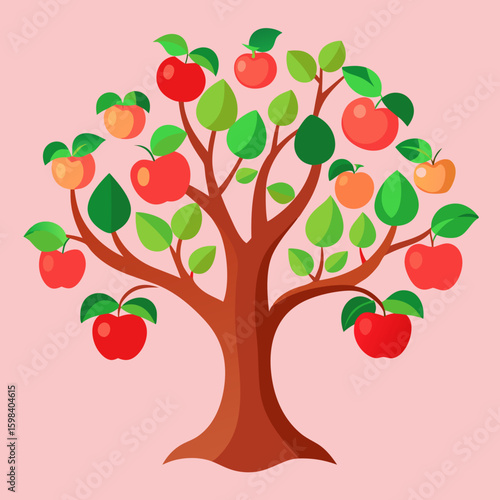 Stylized illustration of a healthy apple tree laden with ripe red and orange fruits and green leaves against a soft pink background