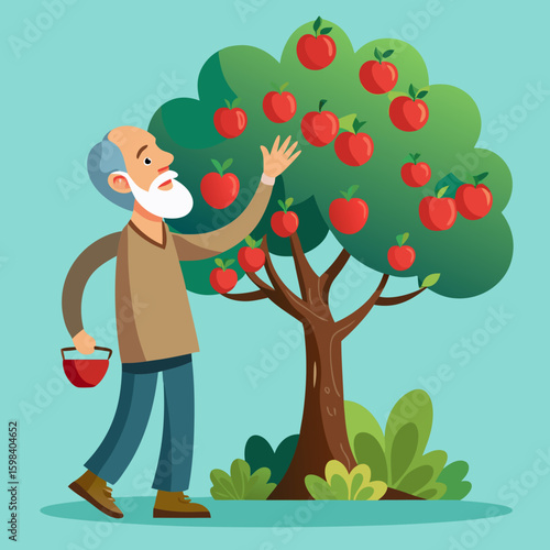 Elderly man with white beard picking ripe red apples from a tree holding a basket