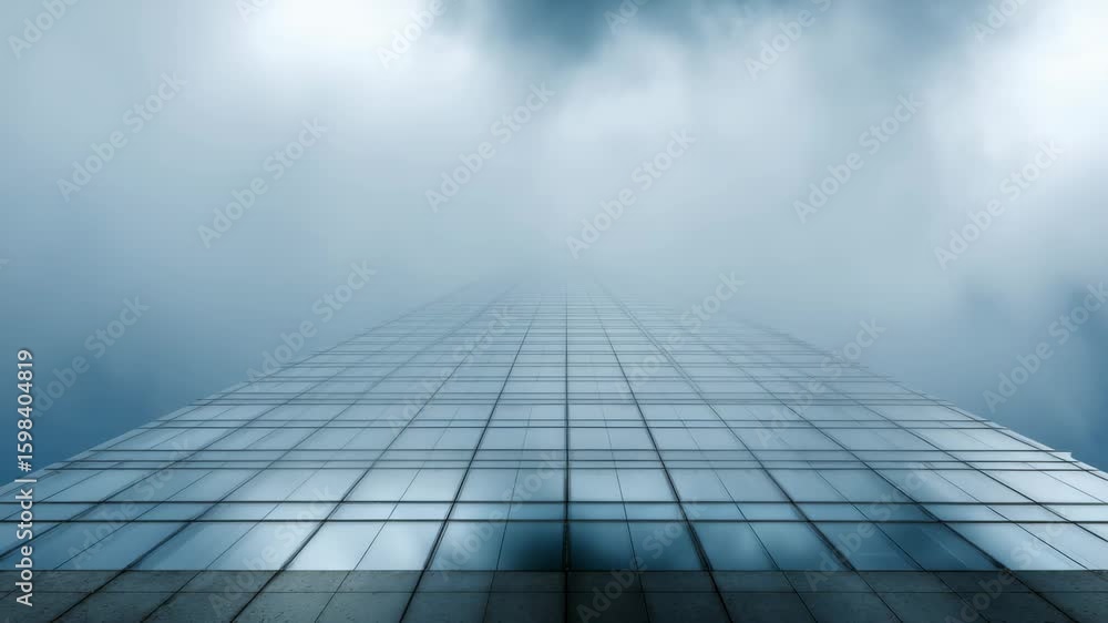 Mysterious Blue Skyscraper Vanishing into Foggy Urban Sky with Dramatic Perspective Mysterious Blue Skyscraper Vanishing into Foggy Urban Sky with Dramatic Perspective