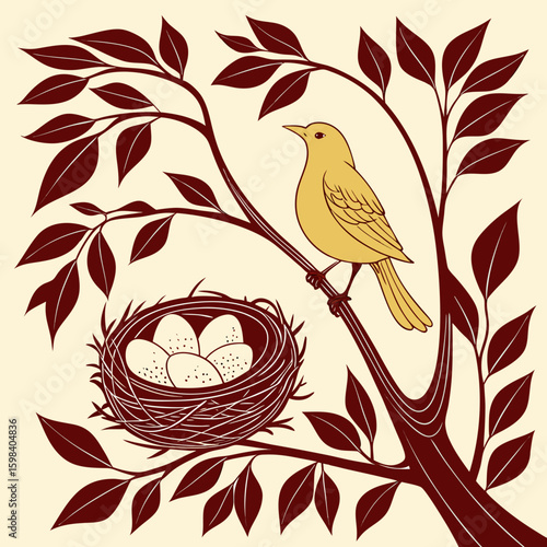 Gold Bird and White Eggs Nestled Among Dark Red Leaves
