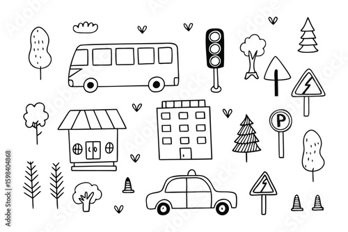 City Element Doodle: A charming collection of whimsical city elements, hand-drawn with playful simplicity, evoking the spirit of urban exploration and a child-like perspective.