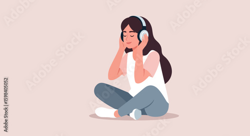 Serene Woman with Headphones Eyes Closed CrossLegged Lost in Music.