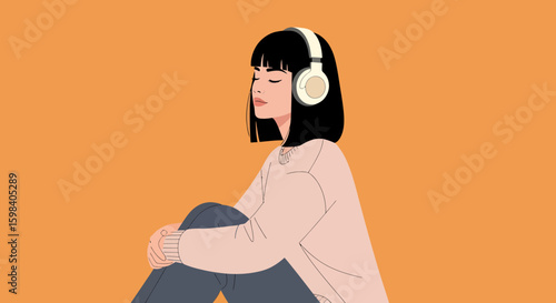 Serene Woman with Headphones Eyes Closed Embracing Knees in Contemplative Pose.