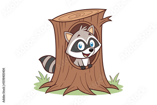 Cute cartoon raccoon peeking out of a hollow tree stump with a bushy striped tail isolated on white background silhouette