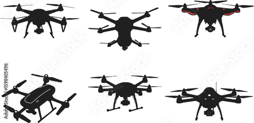 Vector art of a collection of drone silhouettes against a white background
