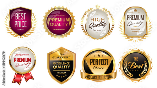 Luxury Badges Featuring Premium, Best Seller, and Quality Guarantee Labels : Elegant gold and red seals displaying premium quality, best product, best price, and guaranteed 
