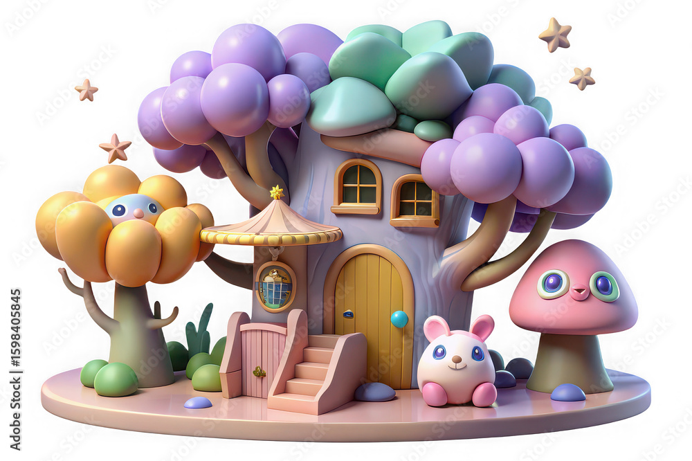 Obraz premium Whimsical fantasy mushroom house with cute bunny and play area
