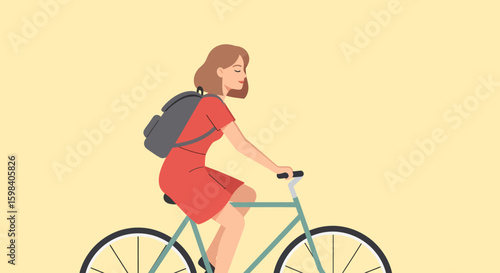 Woman in Red Dress Riding a Light Blue Bicycle with Gray Backpack.