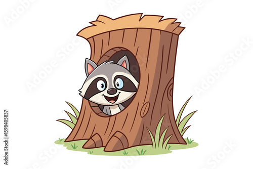 Cute cartoon raccoon peeking out of a hollow tree trunk with grass around it isolated on white background silhouette