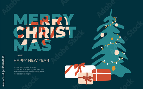 Merry Christmas and Happy new year greeting mailing card. Vector illustration of decorated сhristmas tree, gift boxes and text template. Holiday postcard, ad banner, poster, design element, invitation