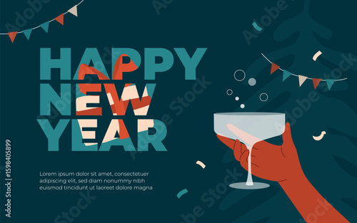 Happy new year greeting mailing card. Vector illustration of human hand holding champagne or wine drink glasse. Holiday Christmas postcard template. Banner, poster, graphic design element, invitation