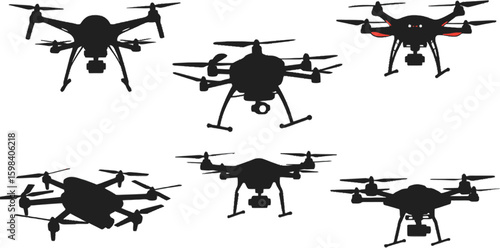 Vector art of a collection of drone silhouettes against a white background