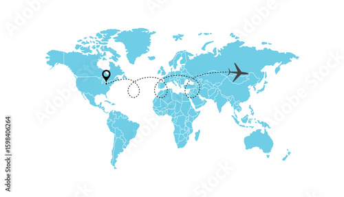 air plane flight route with start point and dash line trace. Various aircraft and destination location pins icons. Aircraft tracking, planes, travel, map