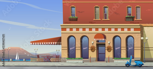 Embankment with terrace and restaurant, catering establishment with seafood cuisine. Bistro building, street with cobblestone sidewalk, parked scooter, Mediterranean or Atlantic coast. Vector cartoon.