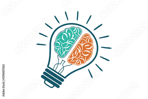 Creative light bulb silhouette filled with a split brain illustration representing innovative ideas and mental processes isolated on white background