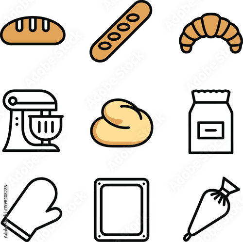 Baking icons bread croissant mixer dough flour oven mitt baking sheet piping bag baguette