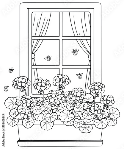Photography Geranium flower box under window with buzzing bees – cozy garden-themed line art