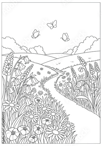 Peaceful wildflower path with butterflies – black and white countryside landscape illustration