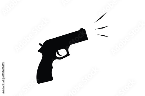 Black silhouette of a handgun firing with muzzle flash isolated on white background