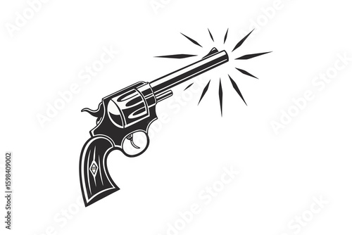 Vintage western revolver gun firing a shot with muzzle flash silhouette isolated on white background