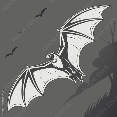 Illustration of a bat with an eagle head flying in the night sky with other bats and tree shadows