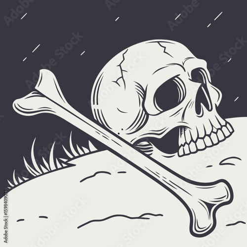 Illustration of a skull with cracks and a bone lying on a hill under a dark sky with small lines