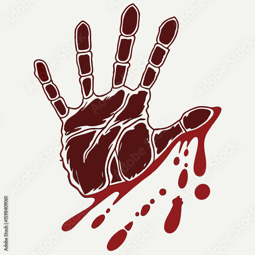 Illustration of a bloody handprint with dripping blood against a white background design element