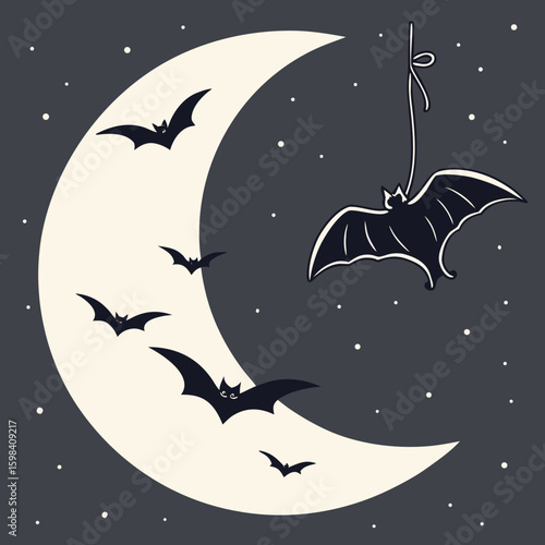 Crescent moon with bats flying around it and one hanging from a string in a starry night sky background