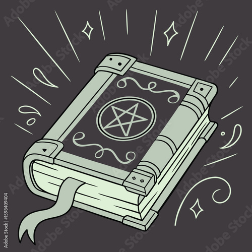 Illustration of an old spellbook with a pentagram symbol and decorative white lines on a dark background