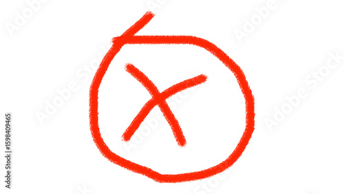 A bold bright red hand drawn x mark inside a rough circle against a stark black background symbolizing error or incorrect choice