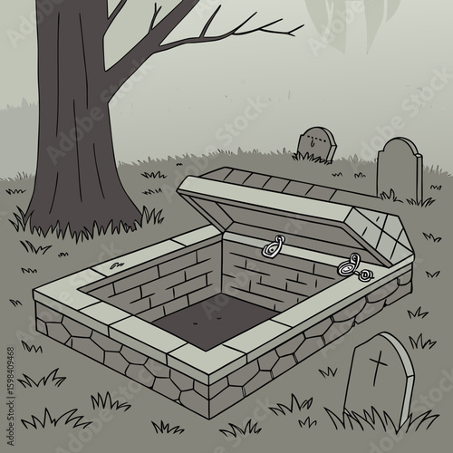 Illustration of an open stone crypt with metal clasps in a graveyard with tombstones and a tree in fog
