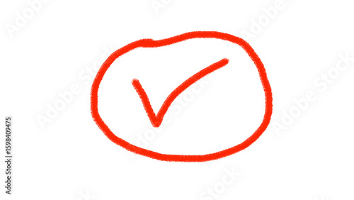 A bright red hand drawn check mark inside a circular outline against a stark black background symbolizing completion or confirmation