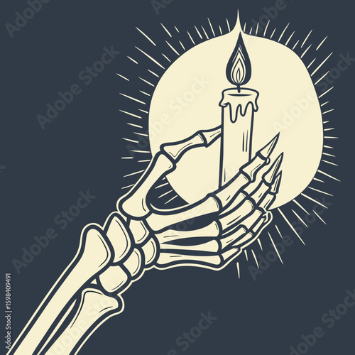 Skeleton hand holding a burning candle with a bright light behind it on a dark background illustration