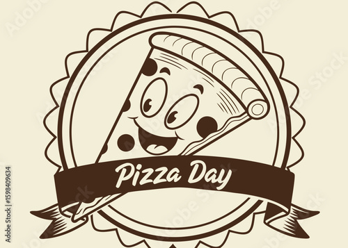 Happy pizza slice character celebrating pizza day