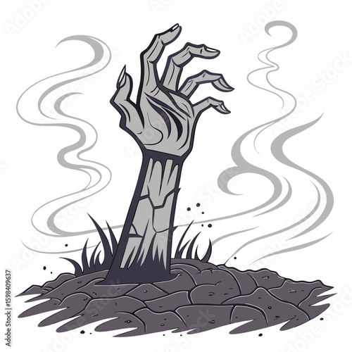 A cartoon illustration of a zombie hand emerging from a grave with smoke and grass around it at night