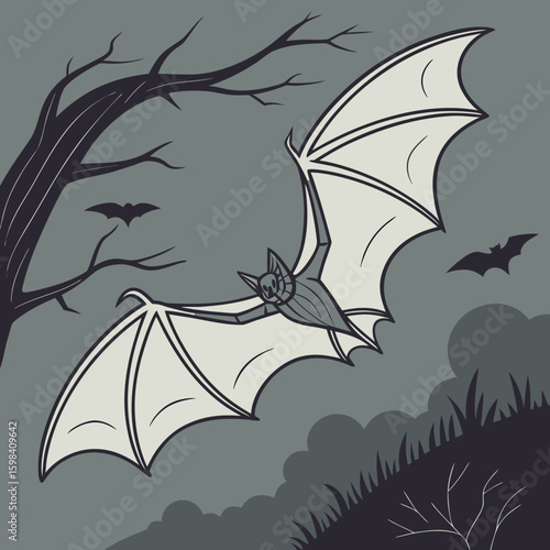 Illustration of a bat with an eagle head flying in the night sky with other bats and tree shadows