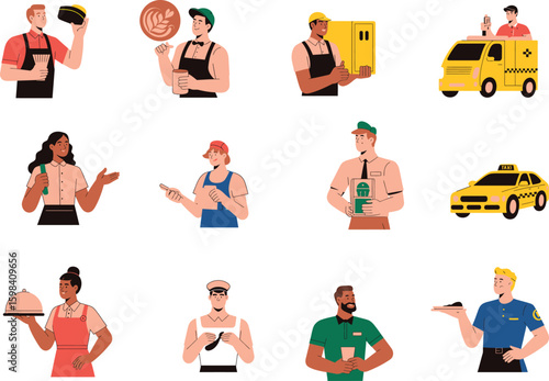 Diverse service workers with various professions and items people delivery