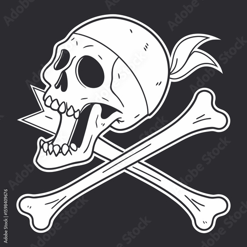 Illustration of a skull with cracks and a bone lying on a hill under a dark sky with small lines