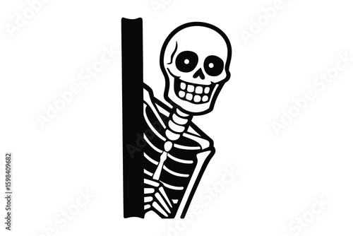 A cartoon skeleton peeking around a black corner with a wide grin isolated on white background silhouette