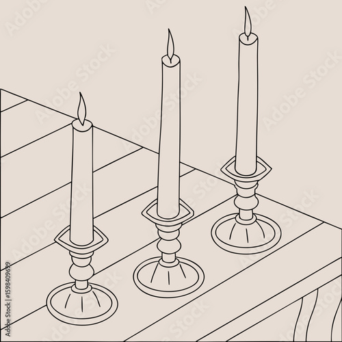 Illustration of three lit candles of different heights and colors on decorative candle holders indoors