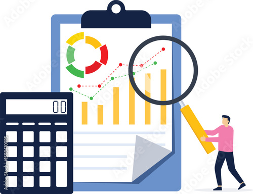 Performance data analysis concept, investment report, marketing study, audition service, Statistical and analytical concept, business performance report, marketing research service. flat vector.

