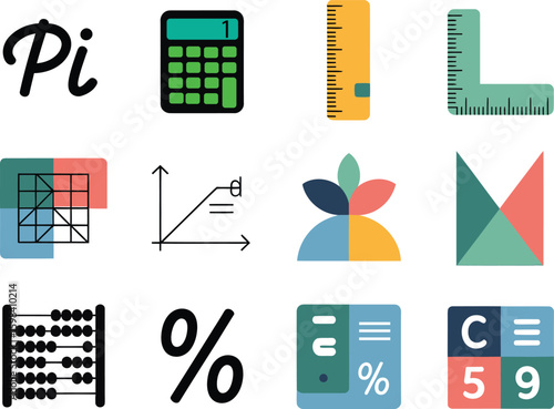 Mathematical tools and symbols flat vector icons calculator ruler