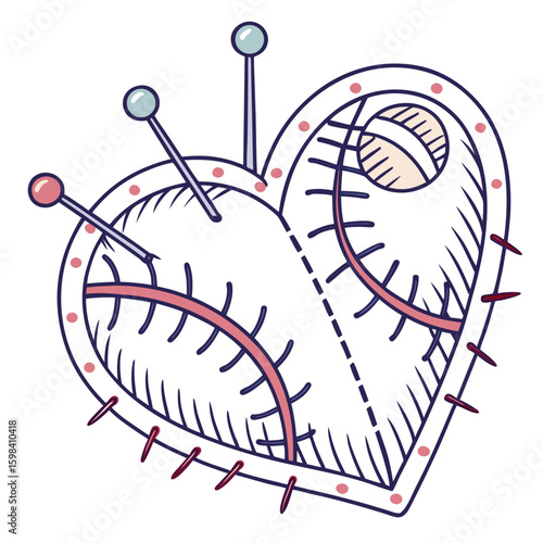 Heart shaped baseball with red seams and stitches and pins stuck into it on a white background art