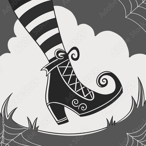 A witch leg with striped stockings and a pointy shoe with laces and a swirl in black and white style