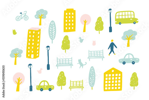 City life sketch: A charming hand-drawn illustration capturing the essence of urban living, with buildings, trees, vehicles, and people. evoking the daily rhythm of a city. 