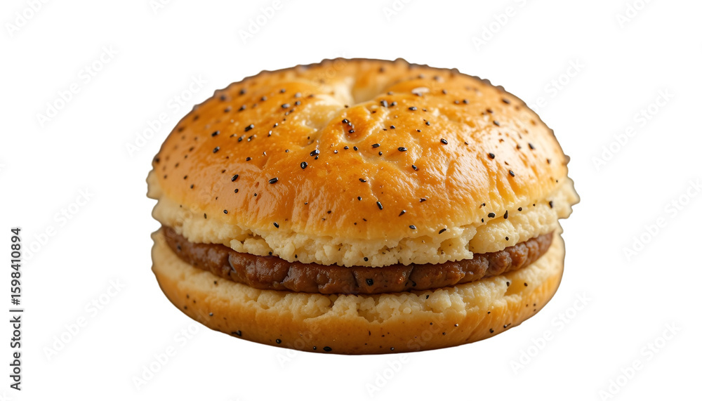 Delicious breakfast sausage sandwich with bagel bun food photography close up isolated on black background isolated on transparent background Delicious breakfast sausage sandwich with bagel bun food photography close up isolated on black background isolated on transparent background