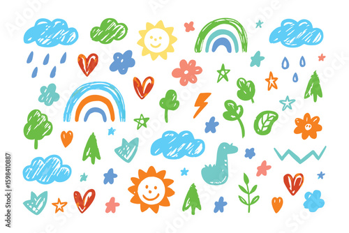 Playful Sketchbook: A vibrant and whimsical collection of crayon-style illustrations, depicting rainbows, suns, clouds, hearts, stars and leaves, evoking the lightheartedness of a children's drawing.