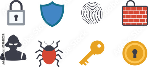 Security icons padlock shield fingerprint firewall hacker bug key lock vector